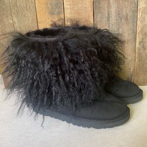 UGG Boots Mongolian Fuzzy Cuff Short Black Boots